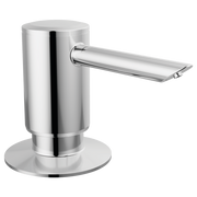 Polished chrome soap dispenser with cylindrical pump body and flat rectangular spout extending horizontally from the side.