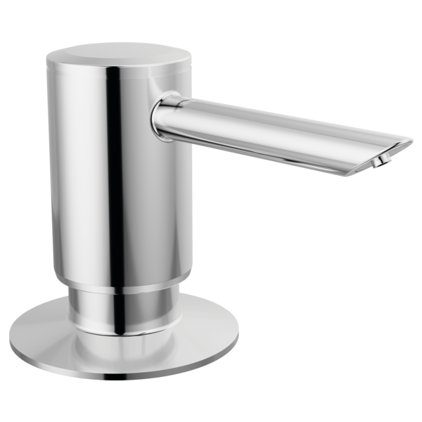 Polished chrome soap dispenser with cylindrical pump body and flat rectangular spout extending horizontally from the side.