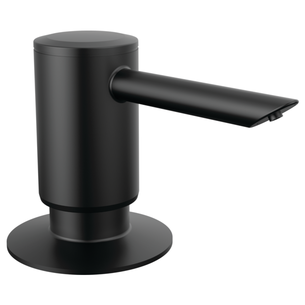 Black cylindrical soap dispenser with a flat spout and round base.