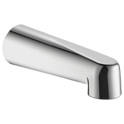 Chrome tub spout with curved tapered design and angled water outlet.