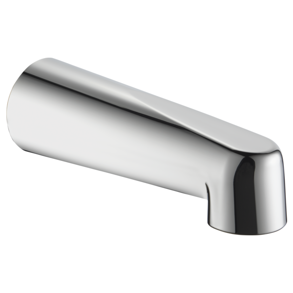 Chrome tub spout with curved tapered design and angled water outlet.