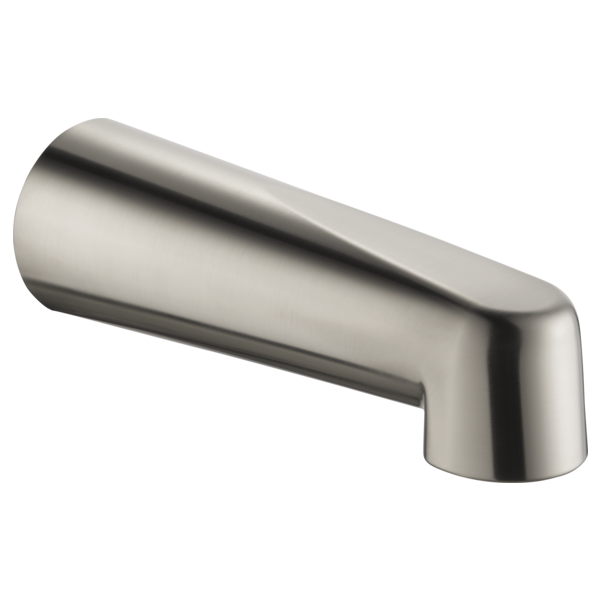 Chrome tub spout with curved angled outlet and rounded end cap, shown in profile view.
