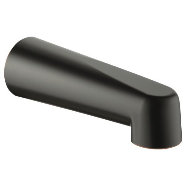 Chrome cylindrical tub spout with curved outlet and flat end cap on white background.