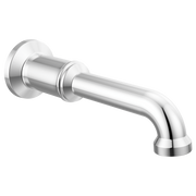 Chrome tub spout with curved outlet and circular wall flange, angled view against white background.