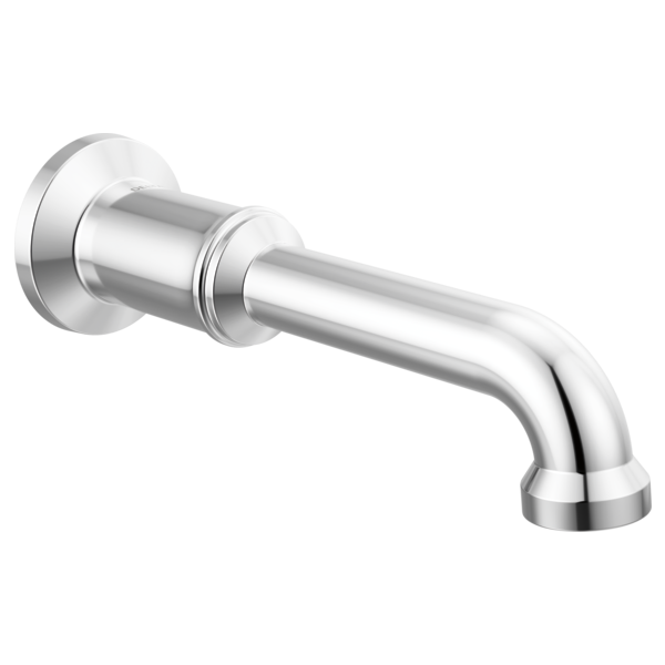 Chrome tub spout with curved outlet and circular wall flange, angled view against white background.