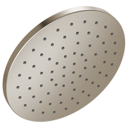 Brushed nickel circular raincan showerhead with multiple spray holes and rounded edge rim.