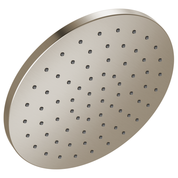 Brushed nickel circular raincan showerhead with multiple spray holes and rounded edge rim.