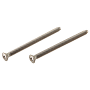 Two brushed nickel trim screws with Phillips head and threaded shafts.