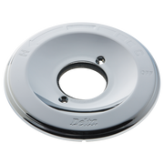 Chrome finish round escutcheon plate with center opening and mounting holes for Delta 13/14 series valves.