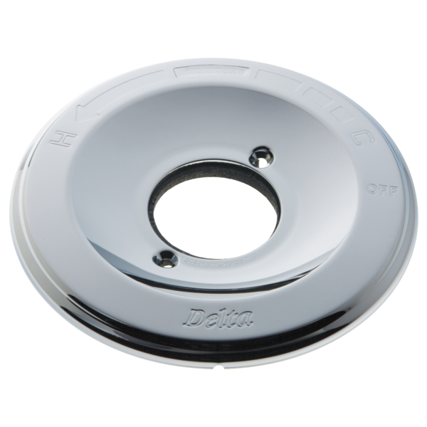 Chrome finish round escutcheon plate with center opening and mounting holes for Delta 13/14 series valves.