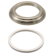 Brushed nickel faucet base ring with white rubber gasket shown separately.