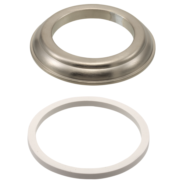 Brushed nickel faucet base ring with white rubber gasket shown separately.