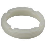 Clear plastic adjusting ring with notched edges and threaded interior grooves for Delta kitchen faucet.