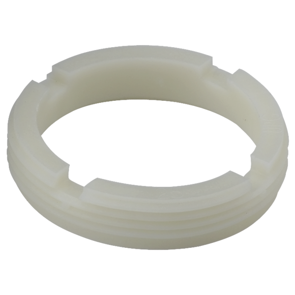 Clear plastic adjusting ring with notched edges and threaded interior grooves for Delta kitchen faucet.