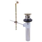 Brushed nickel pop-up drain assembly with vertical mounting rod, horizontal lever arm, and cylindrical drain body with cap.