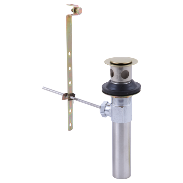 Brushed nickel pop-up drain assembly with vertical mounting rod, horizontal lever arm, and cylindrical drain body with cap.