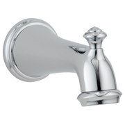 Chrome tub spout with pull-up diverter and curved decorative spout mounted on round wall flange.