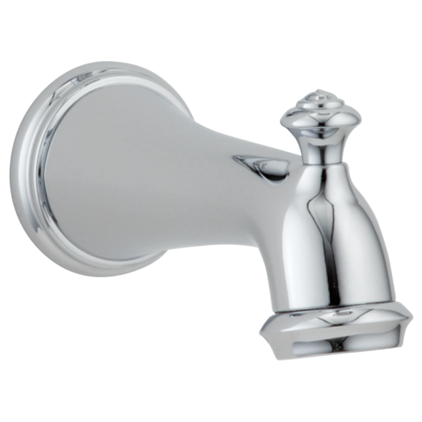 Chrome tub spout with pull-up diverter and curved decorative spout mounted on round wall flange.