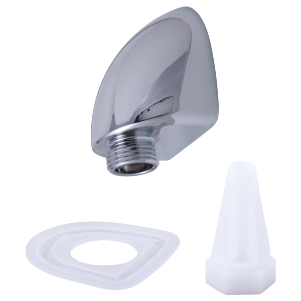 Chrome wall mount elbow with threaded connector and white installation components included.