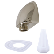 Polished nickel wall mount elbow with threaded connection and included gasket and adapter components.