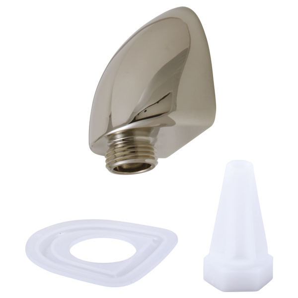 Polished nickel wall mount elbow with threaded connection and included gasket and adapter components.