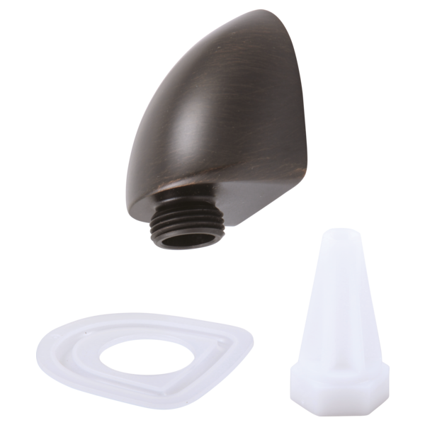 Venetian bronze wall mount elbow with threaded connection and included sealing components.