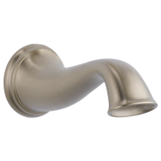 Brushed nickel curved spout with angled outlet and circular wall mount escutcheon.