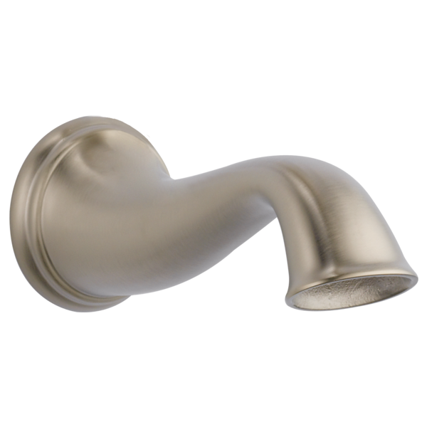 Brushed nickel curved spout with angled outlet and circular wall mount escutcheon.