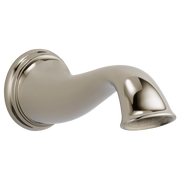 Polished nickel curved spout with angled nozzle and circular wall-mounted base with decorative grooves.