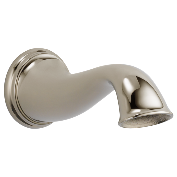 Polished nickel curved spout with angled nozzle and circular wall-mounted base with decorative grooves.
