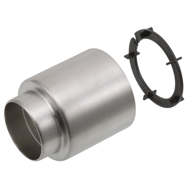 Brushed nickel cylindrical trim sleeve with black rubber spacer ring featuring adjustment clips.