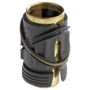 Black plastic quick-connect spray nipple cap with brass ring and internal components visible.