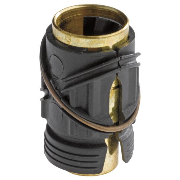 Black plastic quick-connect spray nipple cap with brass ring and internal components visible.