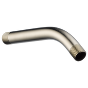 Brushed nickel curved shower arm with threaded connections at both ends.