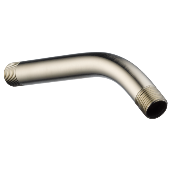 Brushed nickel curved shower arm with threaded connections at both ends.