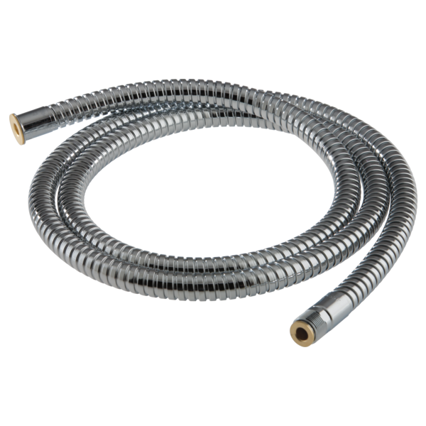 Chrome metal flexible hose with brass fittings on both ends for Roman tub application.