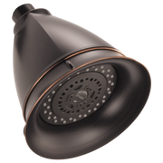 Venetian bronze round shower head with multiple spray jets and copper accent band.