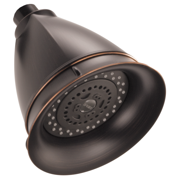 Venetian bronze round shower head with multiple spray jets and copper accent band.