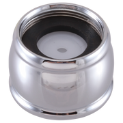 Chrome faucet aerator with threaded base and internal white and black component parts visible.