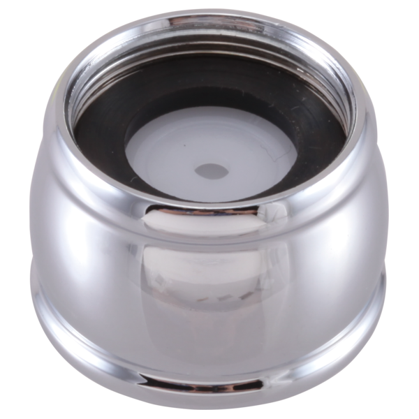 Chrome faucet aerator with threaded base and internal white and black component parts visible.