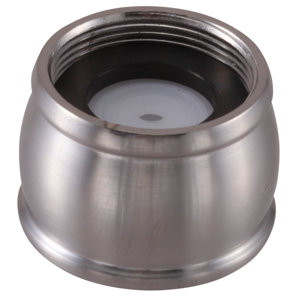 Chrome faucet aerator with threaded base and internal mesh screen component.