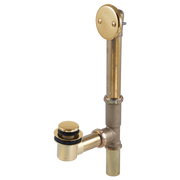 Polished gold toe-operated tub drain assembly with round overflow plate and cylindrical pop-up stopper mechanism.