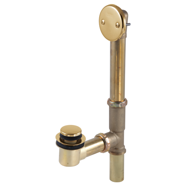 Polished gold toe-operated tub drain assembly with round overflow plate and cylindrical pop-up stopper mechanism.