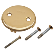 Polished gold circular overflow plate with two mounting holes and three brass screws included.