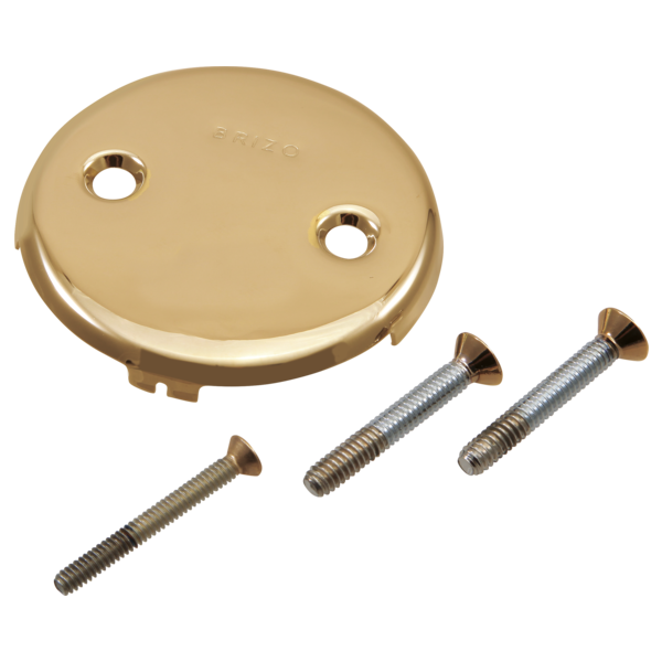 Polished gold circular overflow plate with two mounting holes and three brass screws included.