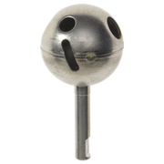 Metal faucet repair kit component with spherical cap, stem, and multiple openings for ball-type faucet assembly.
