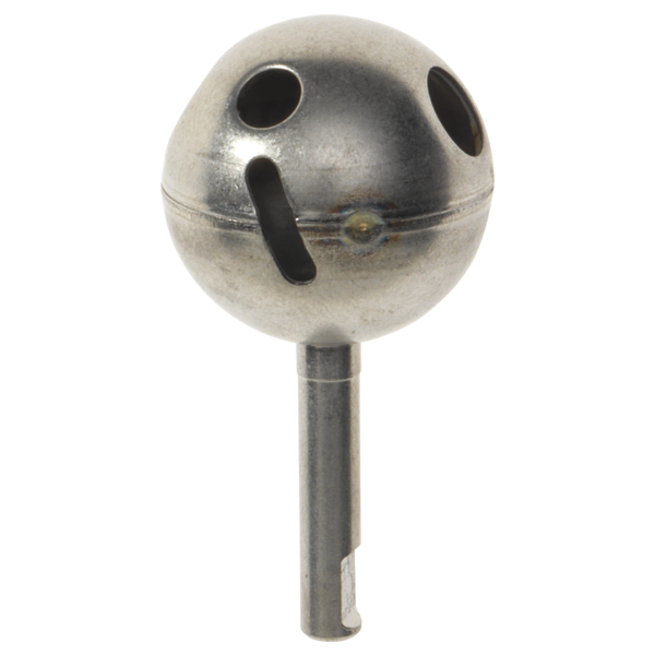 Metal faucet repair kit component with spherical cap, stem, and multiple openings for ball-type faucet assembly.