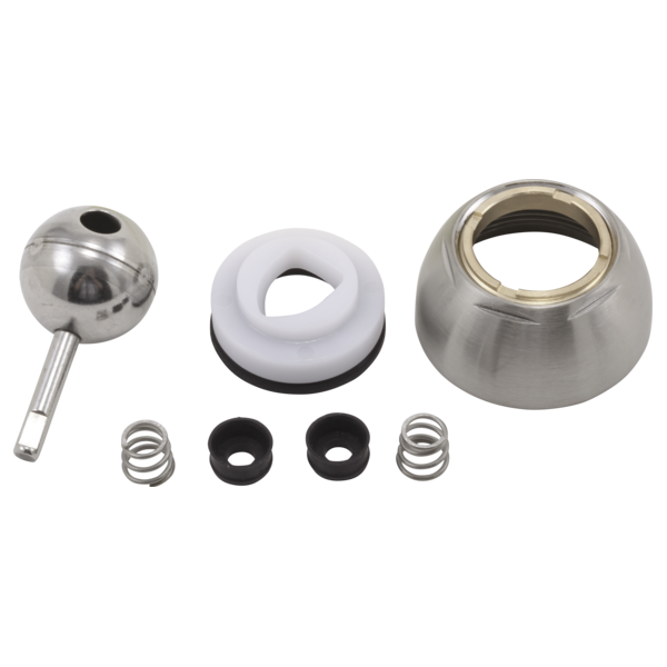 Metal ball faucet repair kit containing ball, white seal, metal cap, springs, and black seats.