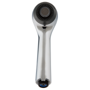 Chrome faucet wand with black aerator head and blue connector ring at base.