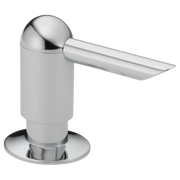 Chrome and white soap dispenser with rounded pump head and angled spout, mounted on circular base.